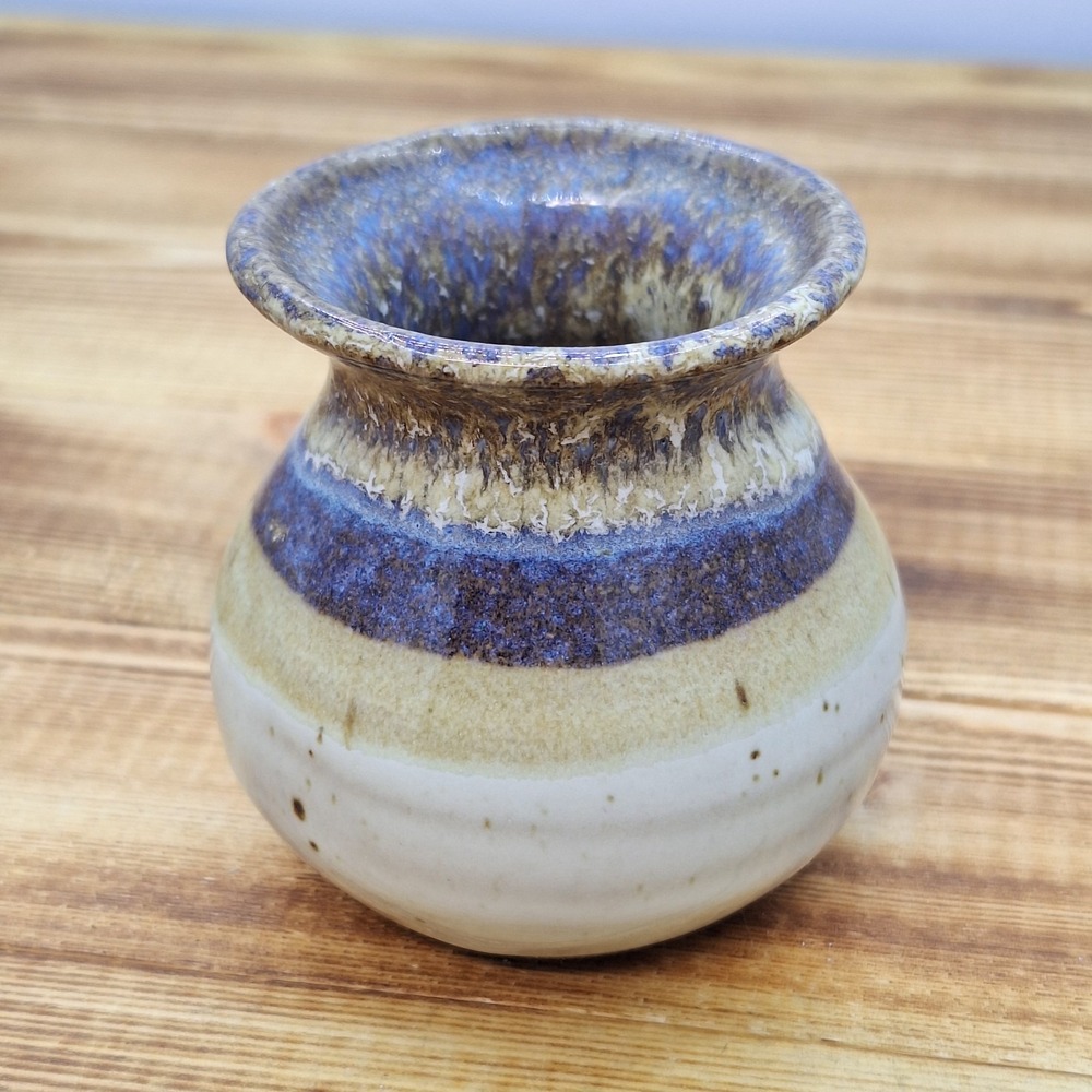 Art Pottery Drip Glaze Mini Bud Vase Purple Blue‎ Brown 3" Tall Stoneware